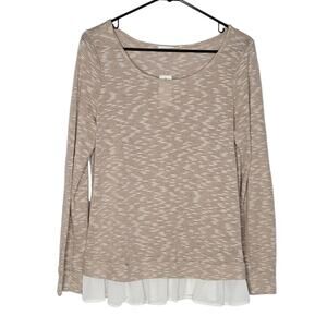 Ezra Franky Tan & White Stripe Ruffle Long Sleeve Blouse NEW Women's Large